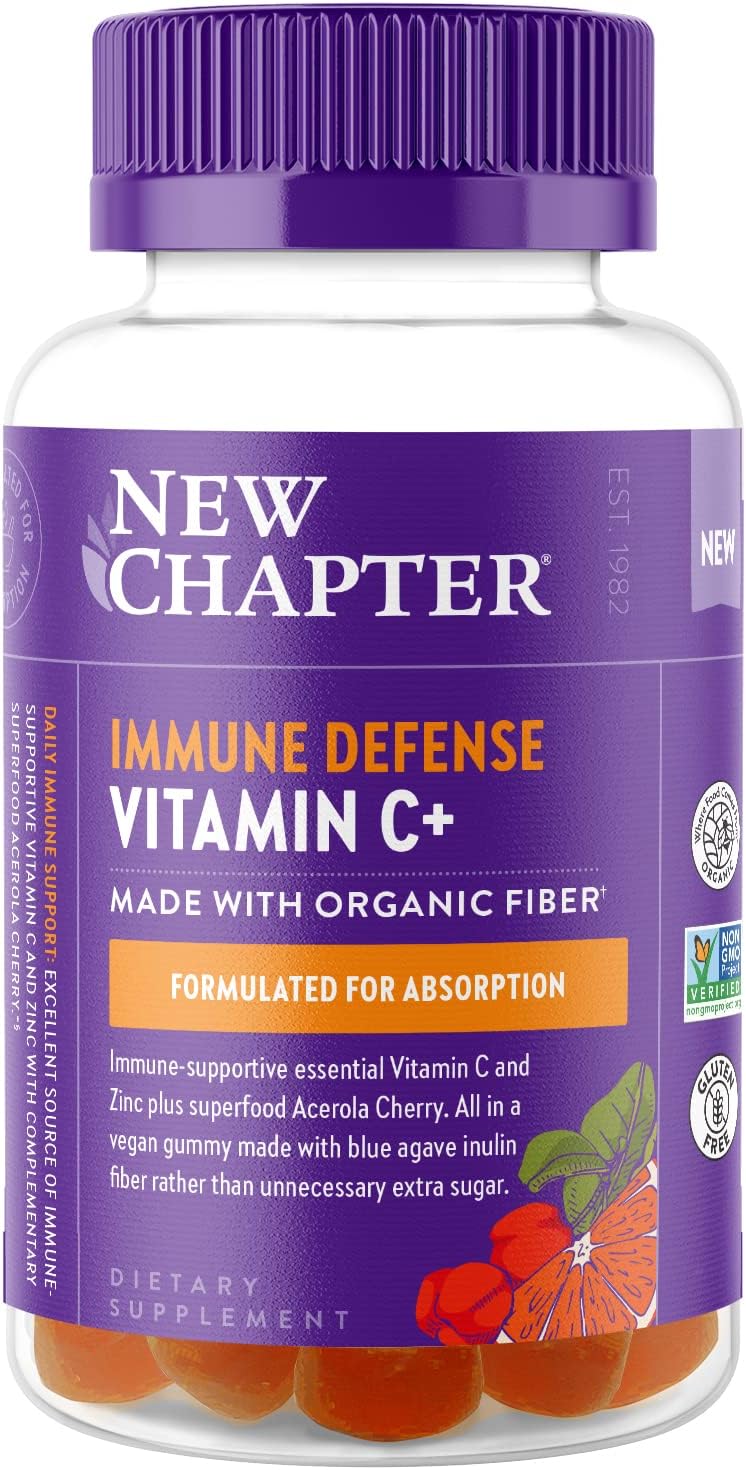 New Chapter Vitamin C+ Gummies ? 40% Less Sugar?, Excellent Source of Vitamin C, Two Daily Gummies for Immune Support with Acerola Cherry, Vegan, Non-GMO, Gluten Free, Citrus avored, 60ct
