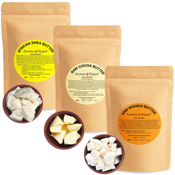 Aroma Depot Shea, Mango, and Cocoa butter 8  Variety Bundle Pack. 100% Raw-Pure Unrefined I For all skin types I Can be used in DIY Body Butters, Soaps, Lotions and lip balm I Amazing Moisturizers