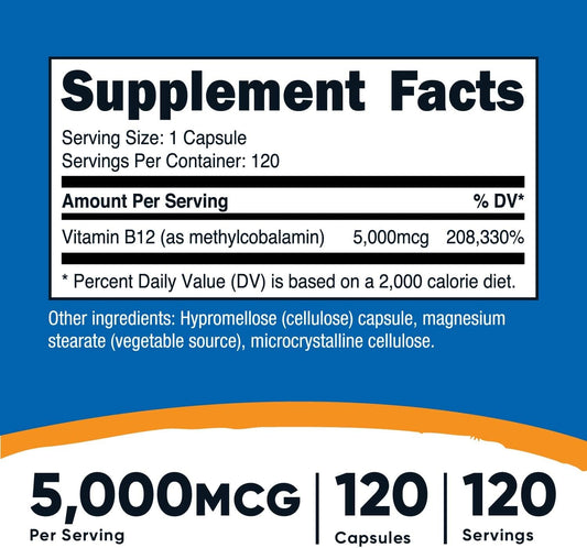Nutricost Vitamin B12 (Methylcobalamin) 5000mcg, 120 Capsules - Vegetarian Caps, Non-GMO, Gluten Free B12 Supplement