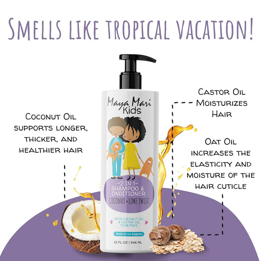 Maya Mari Gift Set with Must-Have Curly Hair Products for Kids | Includes 2 in 1 Kids Curly Hair Shampoo and Conditioner, Curl Cream, & Shea Butter Leave In Hair Detangler for Kids | Coconut & Lime Twist