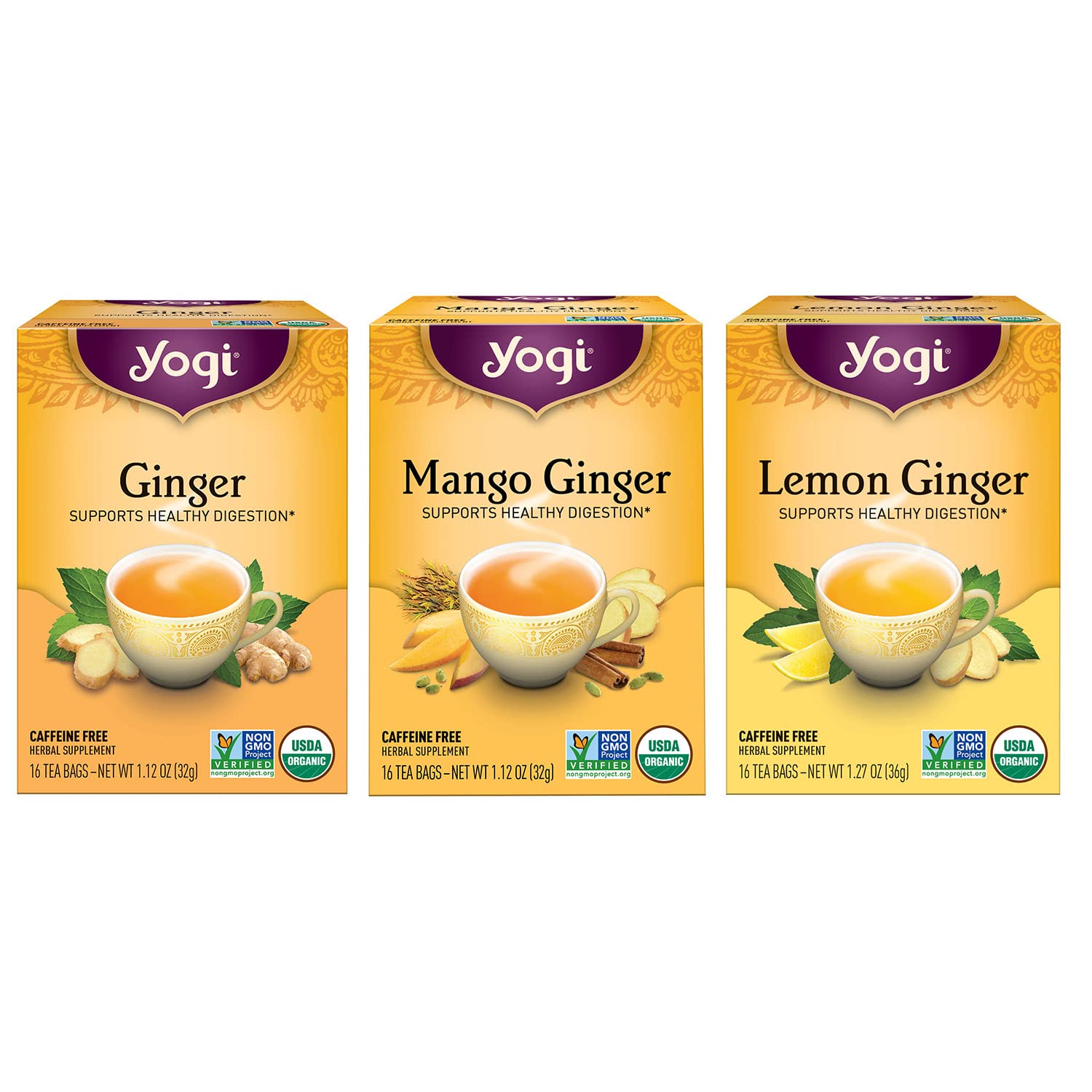 Yogi Tea - Ginger Tea Variety Pack Sampler (3 Pack) - Includes Ginger, Mango Ginger, and Lemon Ginger Teas - Supports Healthy Digestion - Caffeine Free - 48 Organic Herbal Tea Bags