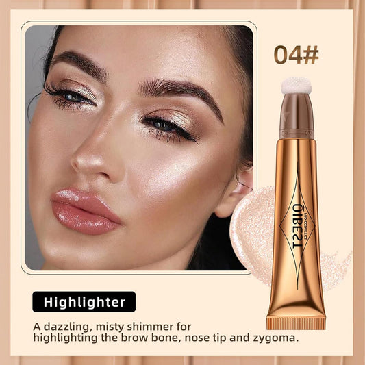 iGuzvaw Highlighter Beauty Wand,Liquid Cream Highlighter with Cushion Applicator,Smooth Body Face Shimmer Stick,Attached Easy to Blend,Lightweight,Long Lasting (04 Pearl White)