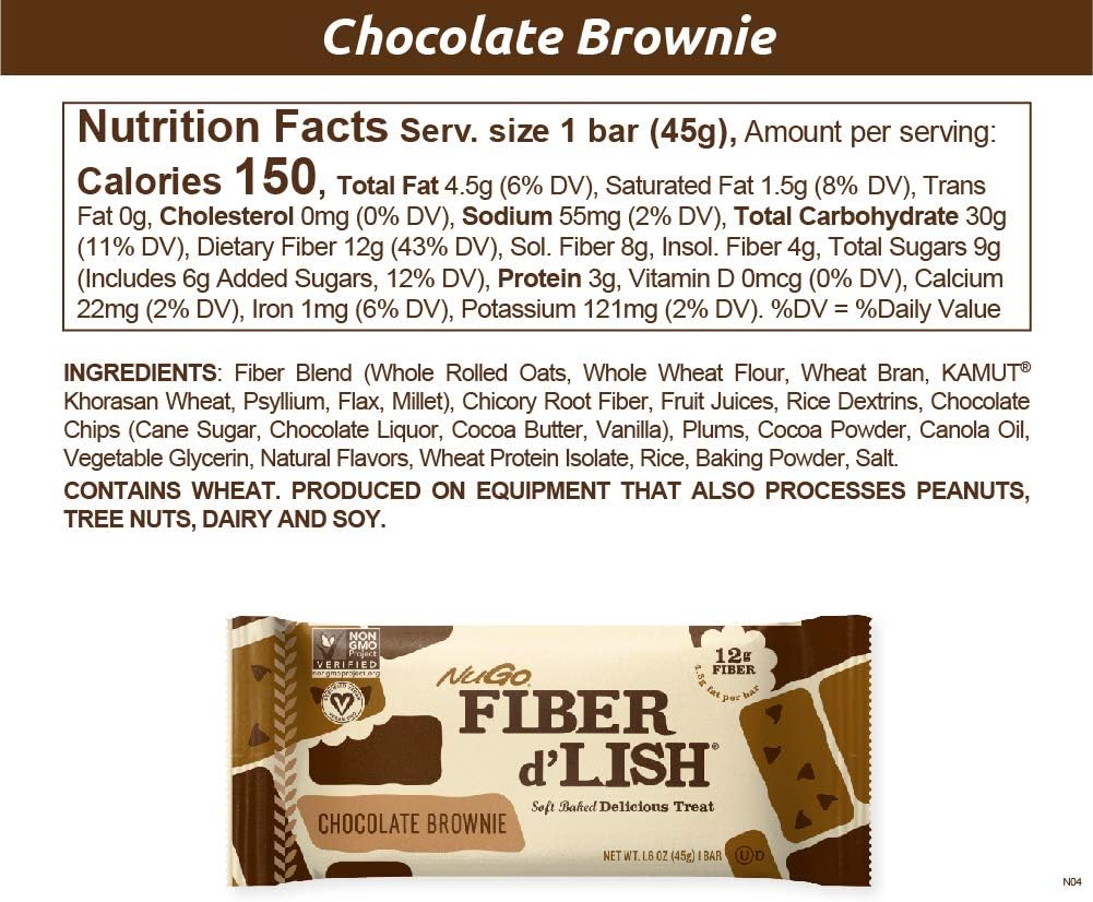 NuGo Fiber d'Lish Chocolate Brownie, 12g High Fiber, Vegan, 