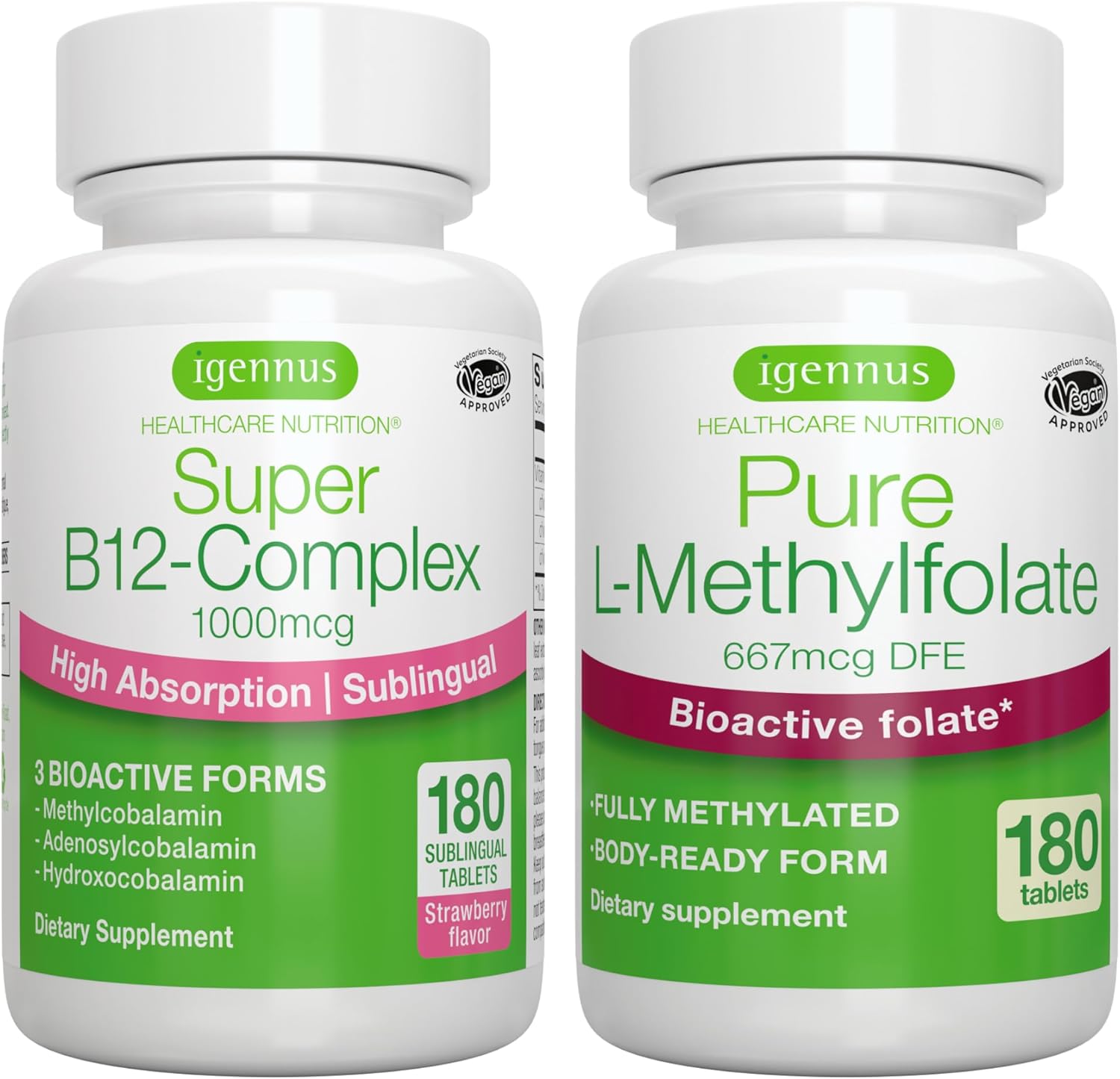 Super B12-Complex 1000Mcg + Pure Folate 400Mcg Vegan Bundle, High Abso