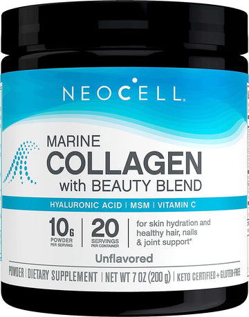 NeoCell Marine Collagen with Beauty Blend; for Skin Hydration; Healthy Hair, Nails and Joint Support; Keto Certified, Gluten Free; Unavored Powder, 7 s, 20 Servings