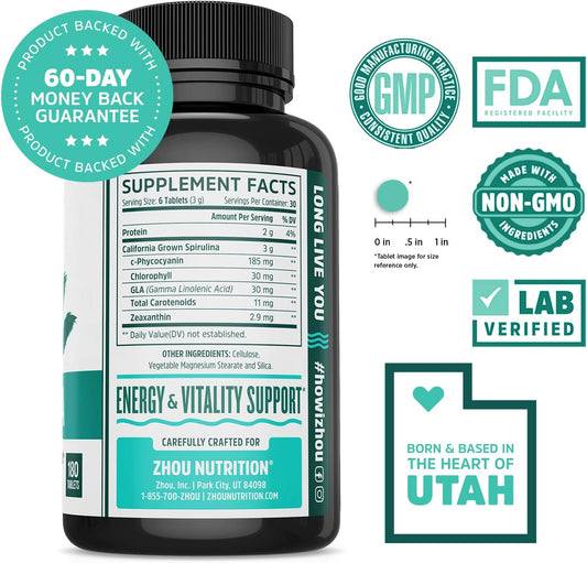 Zhou Nutrition Spirulina Tablets, Sustainably Grown in California, Nut