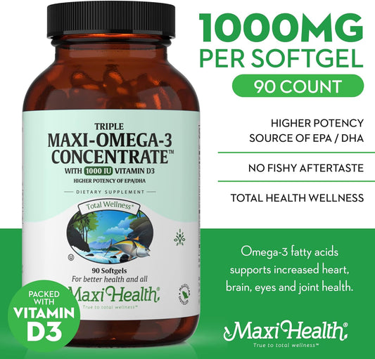 Maxi Health Omega 3 Supplement with Vitamin D3 1000 IU - Omega-3 Fish Oil Concentrate from Wild Caught Tuna ? Kosher ? H