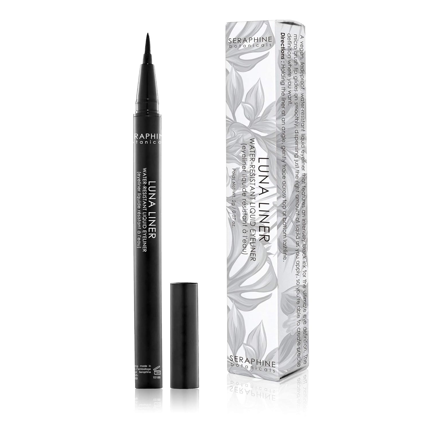 Seraphine Botanicals Waterproof Liquid Eye Liner - Long Lasting Liner Pen Brush Ultra Fine Tip Eye Gel Pigmented Makeup Black Smudge Resistant (Luna)