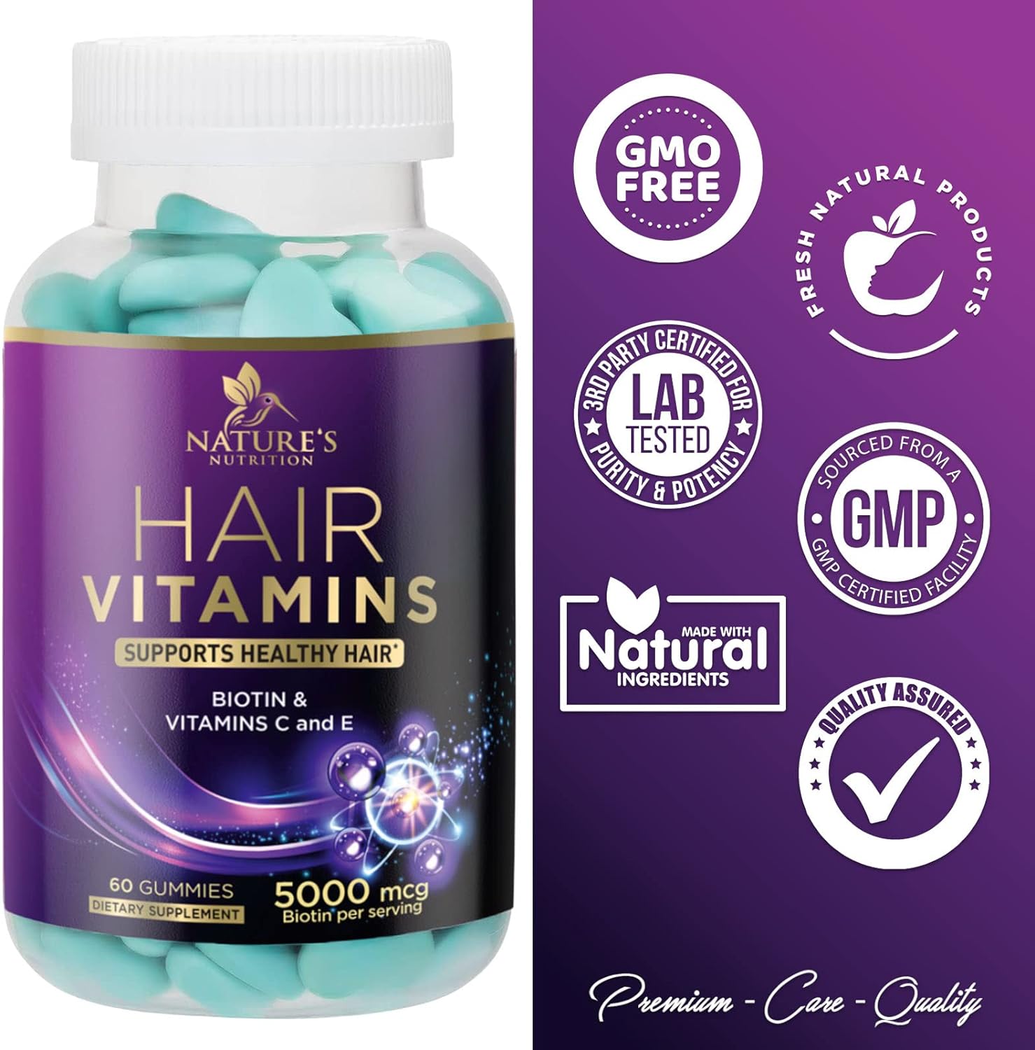 Hair Vitamins Gummy, with Biotin 5000mcg and Vitamins E & C, Advanced 
