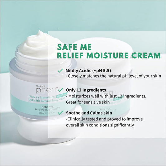 MAKEPREM Safe Me. Relief Moisture Cream for Dry Sensitive Skin - Moisturizer Night Cream - Hydrating & Nourishing, Reduce Redness, Acne & s with Hypoallergenic VEGAN EWG Verified (2.70   with Minis)