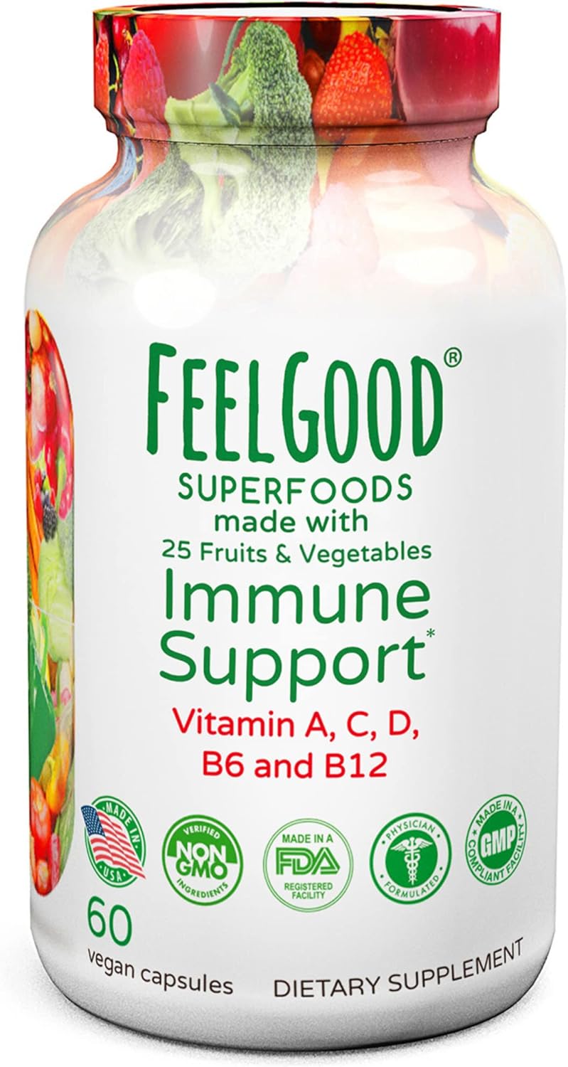 FeelGood Superfoods 1000mg Immune Support Capsules Made with 25 Organi