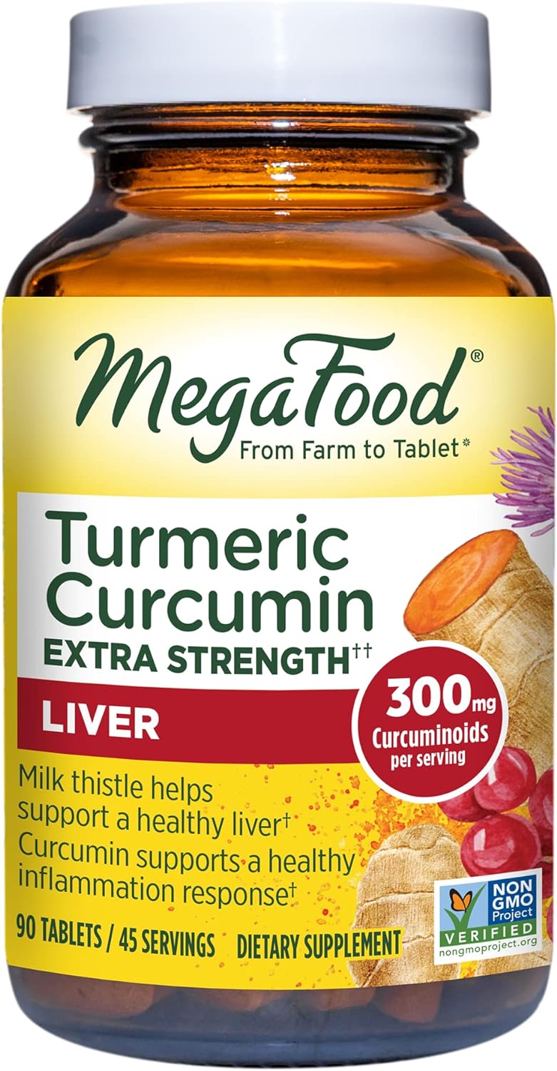 MegaFood Turmeric Curcumin Extra Strength - Liver Support - Turmeric Curcumin with Black Pepper and Milk Thistle Extract - Vegan - Made Without 9 Food Allergens - 90 Tabs (45 Servings)