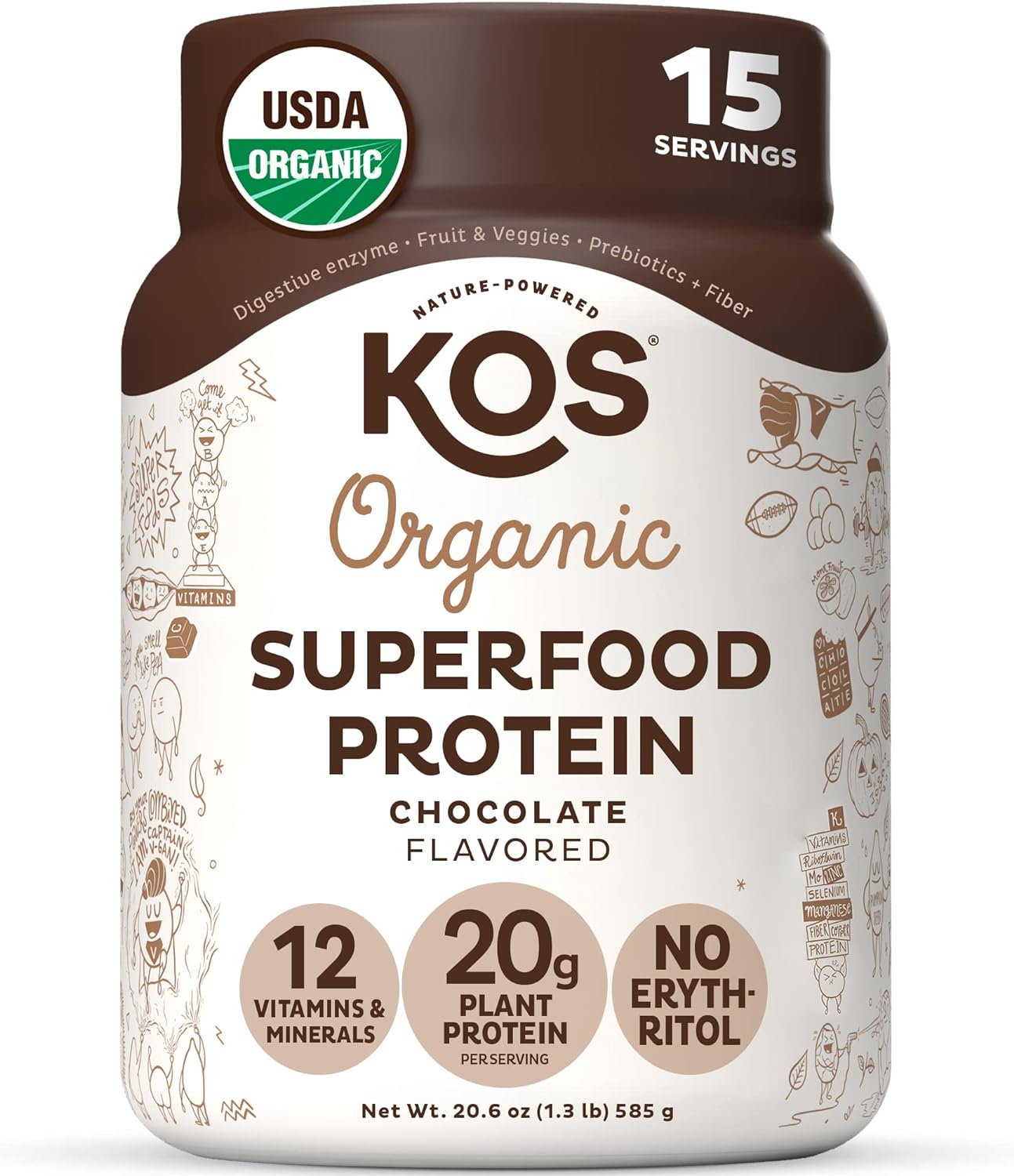KOS Plant Based Protein Powder, Chocolate USDA Organic - Low Carb Pea Protein Blend, Vegan Superfood with Vitamins & Min