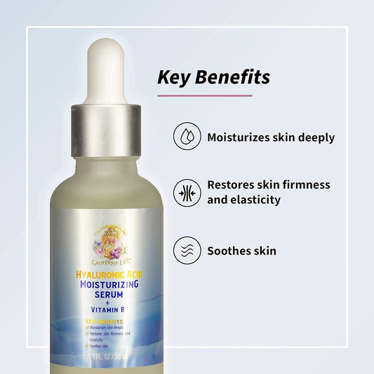 California Lion , Hyaluronic Acid For Face, Moisturizing Serum + Vitamin B Moisturizes skin deeply, Restores skin firmness and elasticity , Soothes skin , Vegan, Made in USA (1.)