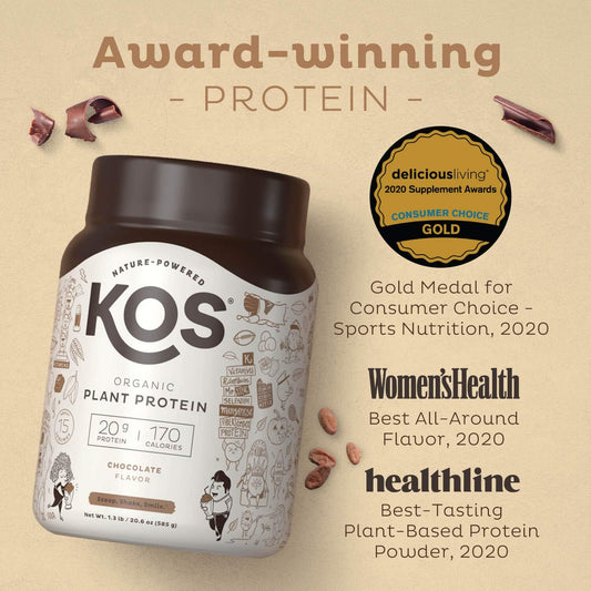 KOS Plant Based Protein Powder, Chocolate USDA Organic - Low Carb Pea Protein Blend, Vegan Superfood with Vitamins & Min
