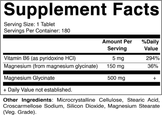 Vitamatic Magnesium Glycinate 500mg per Tablet - 180 Vegetarian Tablets (Uncoated) - Added B6 for Maximum Absorption - S