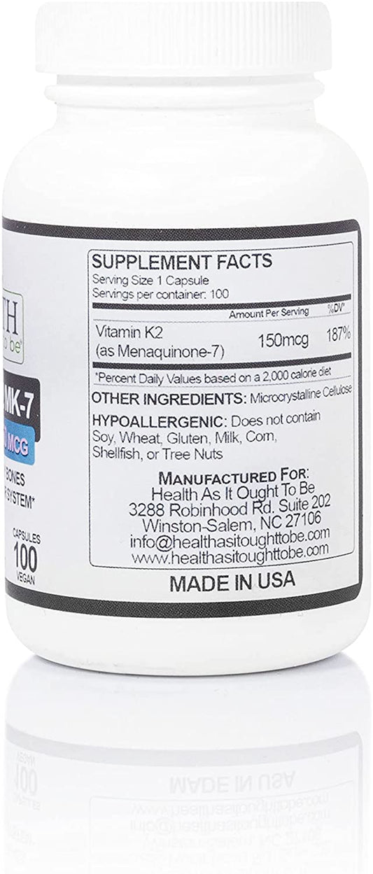 Vitamin K2 MK-7 150mcg – (Does not Contain K1 or MK4) - Works with Vitamin D - Soy Free - Tested for Purity and Strength