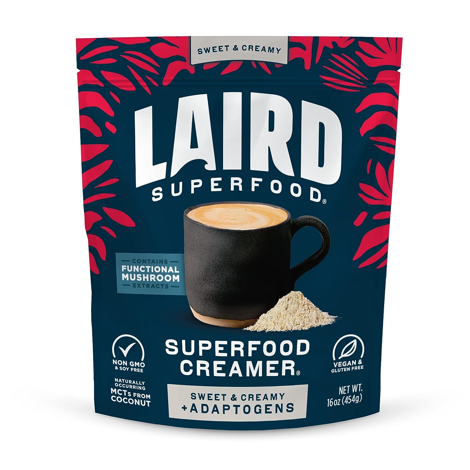 Laird Superfood Non-Dairy Coconut Powder Creamer - Sweet & Creamy + Adaptogens - Superfood Creamer with Functional Mushrooms - Non-GMO, Vegan, Bag, Pack of 1