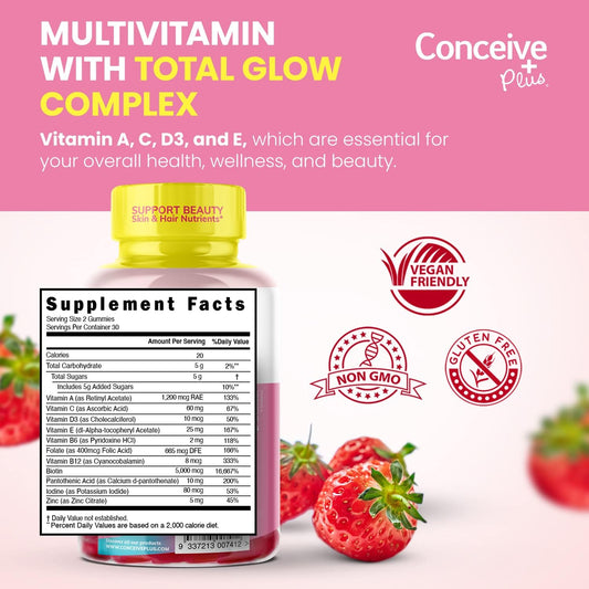 Conceive Plus Hair Skin & Nails Gummies - Extra-Strength Biotin, Vit A, C, D3, E Vitamins - Vegan, Hair Growth Supplemen