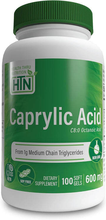 Health Thru Nutrition Caprylic Acid 600Mg C8 Octanoic Acid From Pure 1G Mct Oil | Non-Gmo & Soy Free | Support Healthy Digestive And Intestinal Health | Keto Friendly