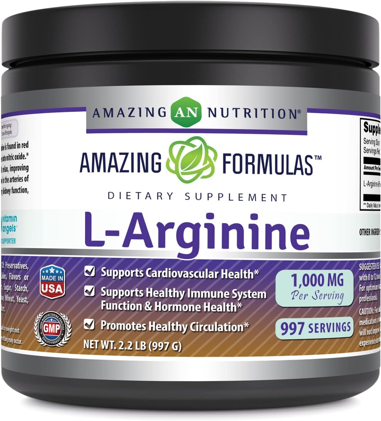 Amazing Formulas L-Arginine 2.2  Powder Supplement - Best Amino Acid Supplements For Women & Man - Promotes Circulation And Supports Cardiovascular Health