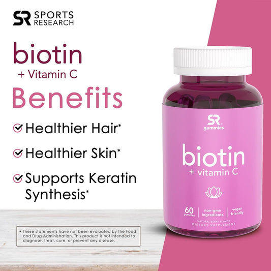 Sports Research Biotin Gummies (5,000mcg) with Vitamin C | Vegan Certi