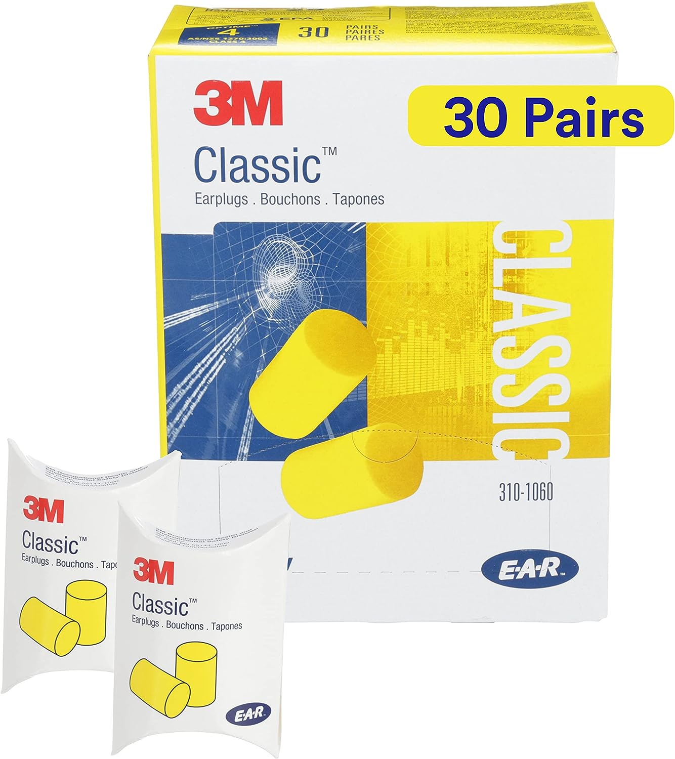 3M Ear Plugs, 30 Pairs/Box, E-A-R Classic 310-1060, Uncorded, Disposable, Foam, NRR 29, For Drilling, Grinding, Machinin