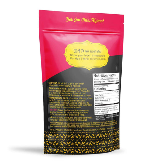 Mrs.Patel's Lactation Tea, Chai Spice Blend, Rich and Sweet, For Breastfeeding and Pumping Moms, Drink Iced or Hot, Loose Leaf, Caffeine-Free, Gluten-Free, Dairy-Free, Fenugreek-Free (1 Pouch)