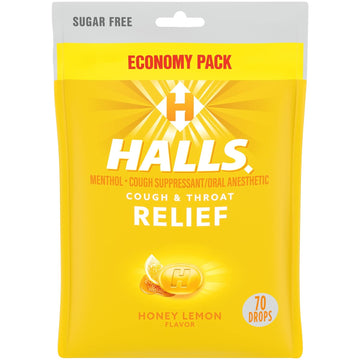 HALLS Relief Honey Lemon Sugar Free Cough Drops, Economy Pack - 70 Drops