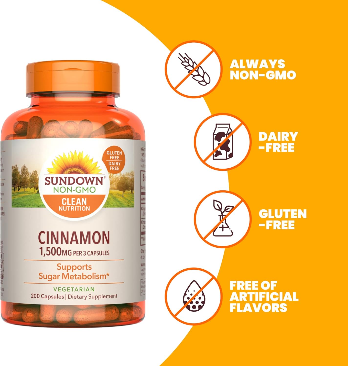 Sundown Cinnamon Capsules, Support Sugar Metabolism, Non-GMO, Free of 