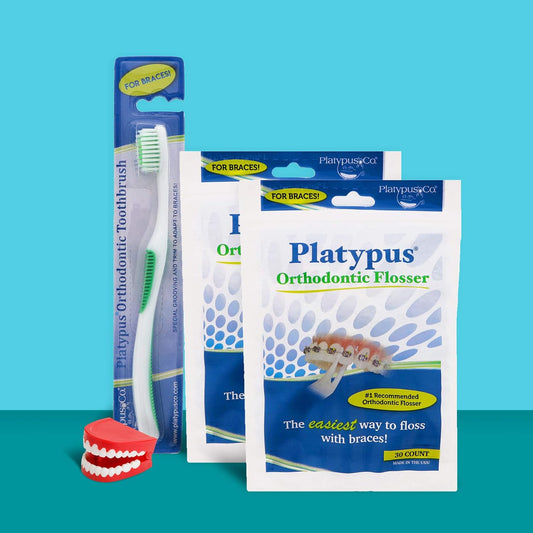 Platypus Orthodontic ossers - Dental oss Picks for Braces and Orthodontic Toothbrush Bundle - 2 Packs Ortho ossers and 1 Ortho Toothbrush