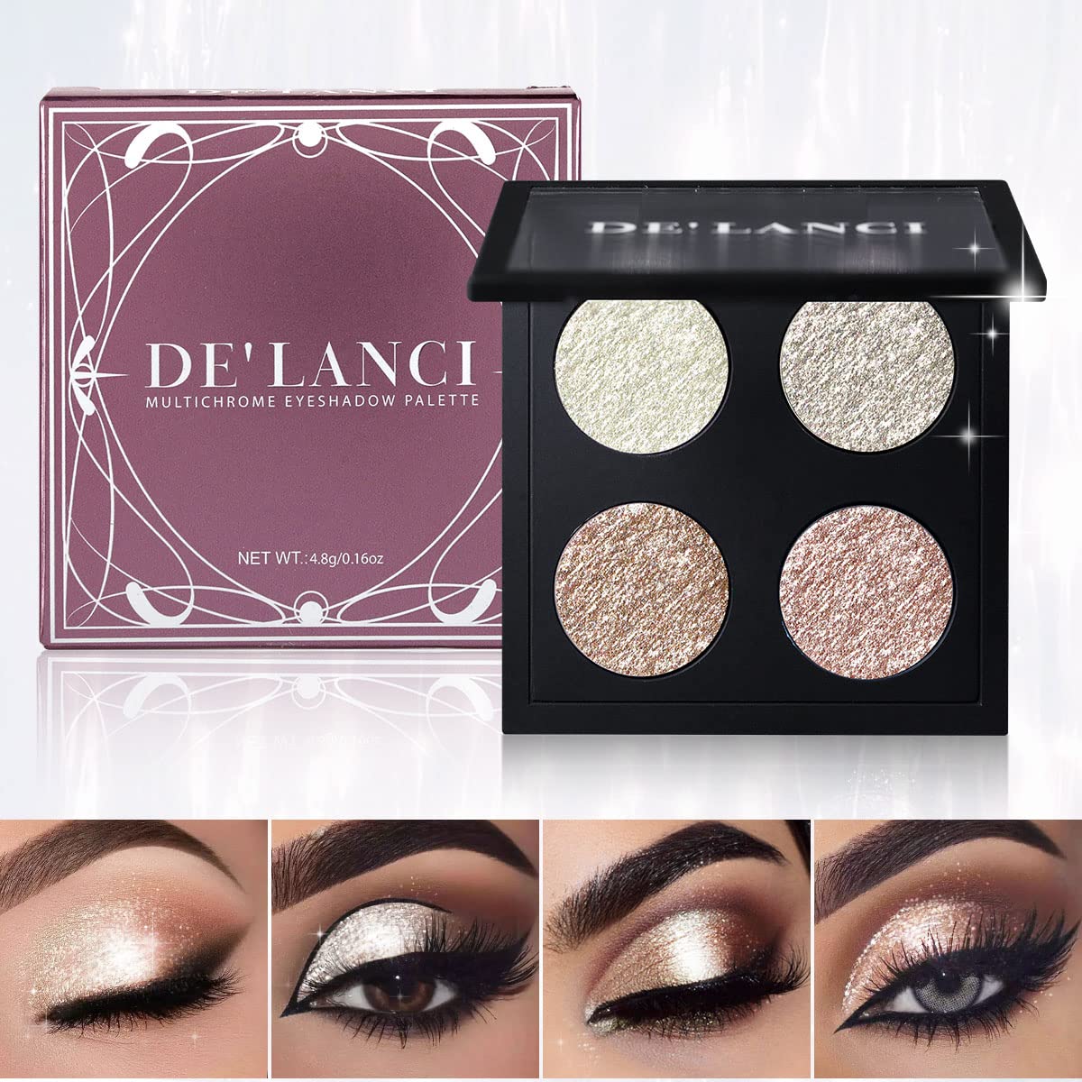 OYGCee Glitter Shimmer Metallic Eyeshadow Palette 4 Color,DE'LANCI Diamond Pearl Shiny Bling Korean Makeup for Eye/Face/Highlighter, High Pigmented Smooth White Shimmery Powder, Glow Illuminator