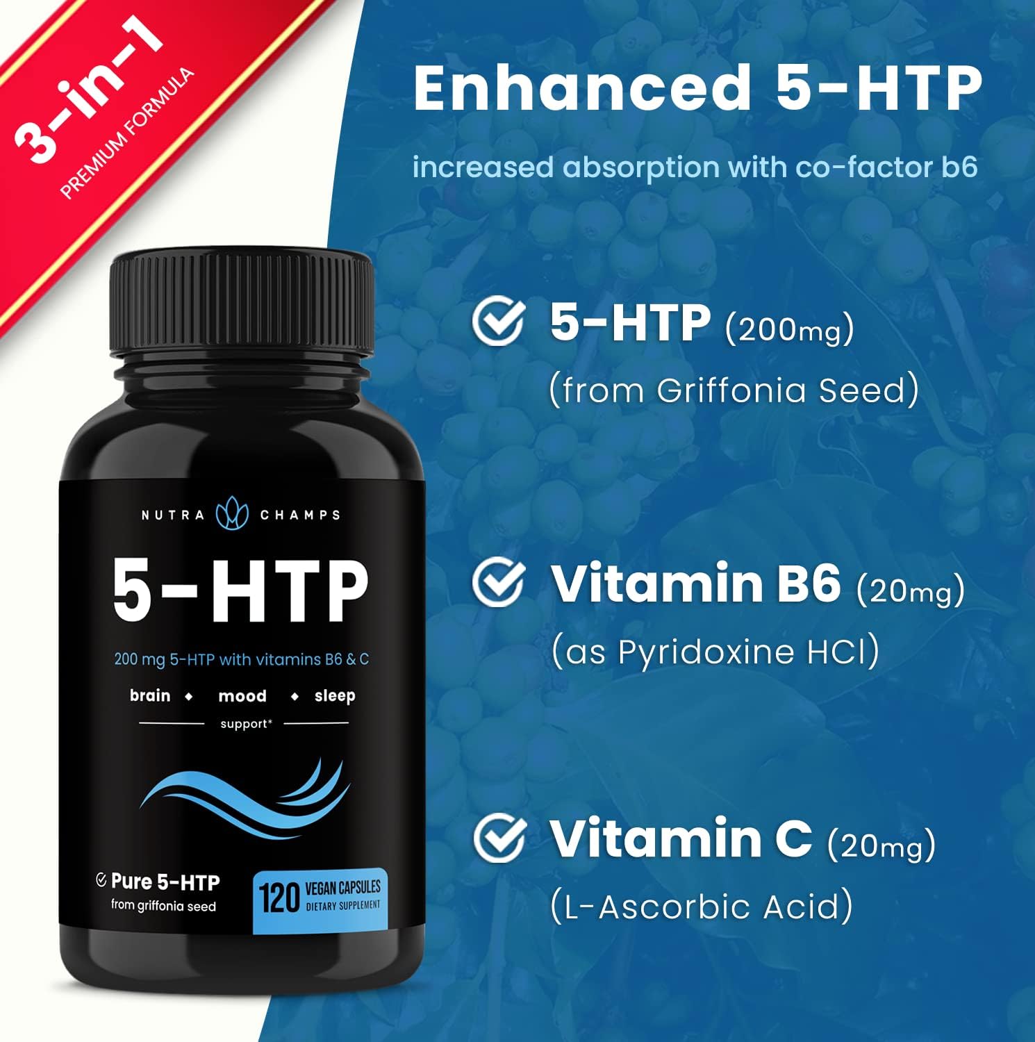 5-HTP 200mg | 120 Vegan Capsules | 5 HTP Supplement to Support Stress 