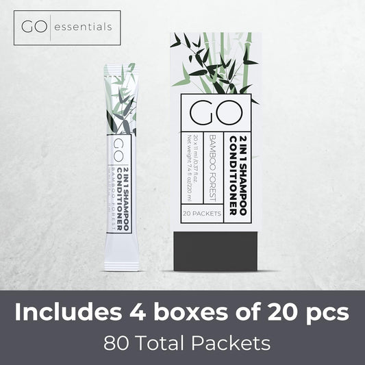 GO Essentials Travel Size Shampoo and Conditioner Set of 80 – 2 in 1 Single Use Travel Shampoo and Conditioner (Sulfate Free) - Hotel Amenities, Homeless Care Kit, AirBnB Essentials Bulk