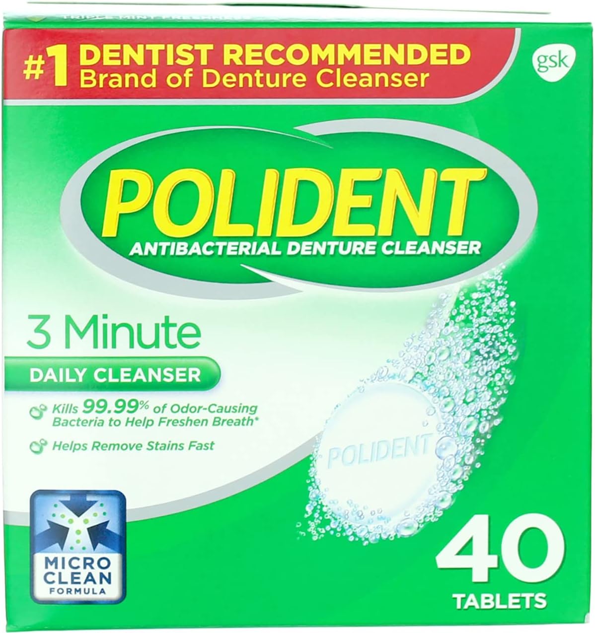 Polident 3 Minute Antibacterial Denture Cleanser Tablets - 40 ct, Pack of 5