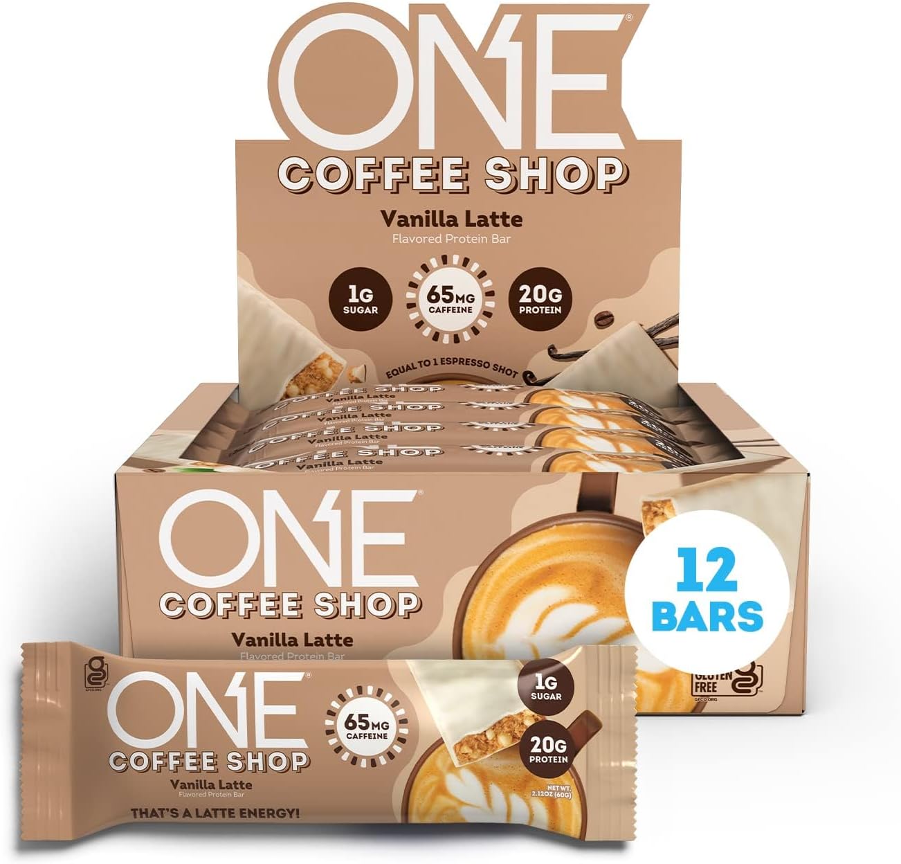 ONE Coffee Shop Protein Bars + Caffeine, Vanilla Latte, Gluten Free wi1.75 Pounds