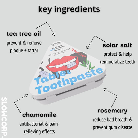 SLOWCORP. Toothpaste Tablets - Whitening Toothpaste Tabs with Tea Tree Oil, Solar Salt, uoride - Chewable Toothpaste Tablets - Plastic Free, Zero Waste - Travel-Friendly Mouthwash Tabelts - 30 Count