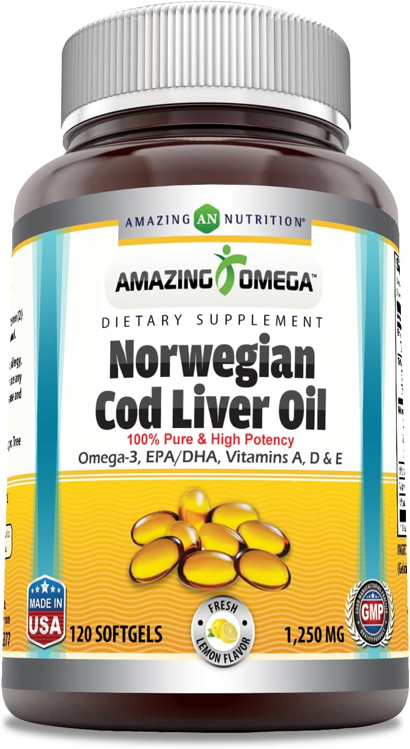 Amazing Omega Norwegian Cod Liver Oil 1250 Mg Softgels Supplement | Omega-3, EPA, DHA, Vitamin A, Vitamin D & Vitamin E