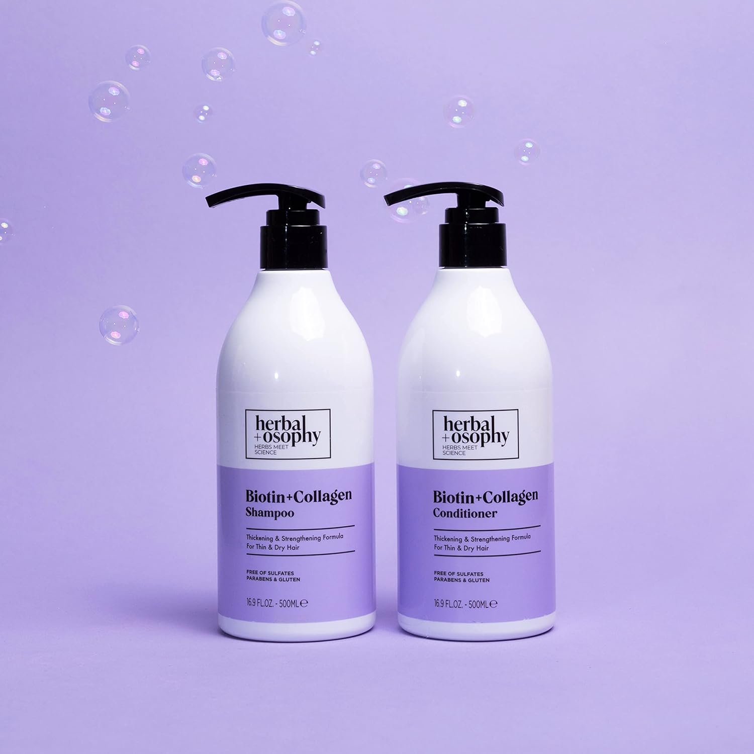 Herbalosophy Biotin & Collagen Shampoo & Conditioner Set, Repair Dry, Damaged Thinning Hair, Promote Hair Growth Thickening, Infused with Vitamin B7 & Argan Oil, Free of Sulfate, Parabens and Gluten, 2 x 16.9