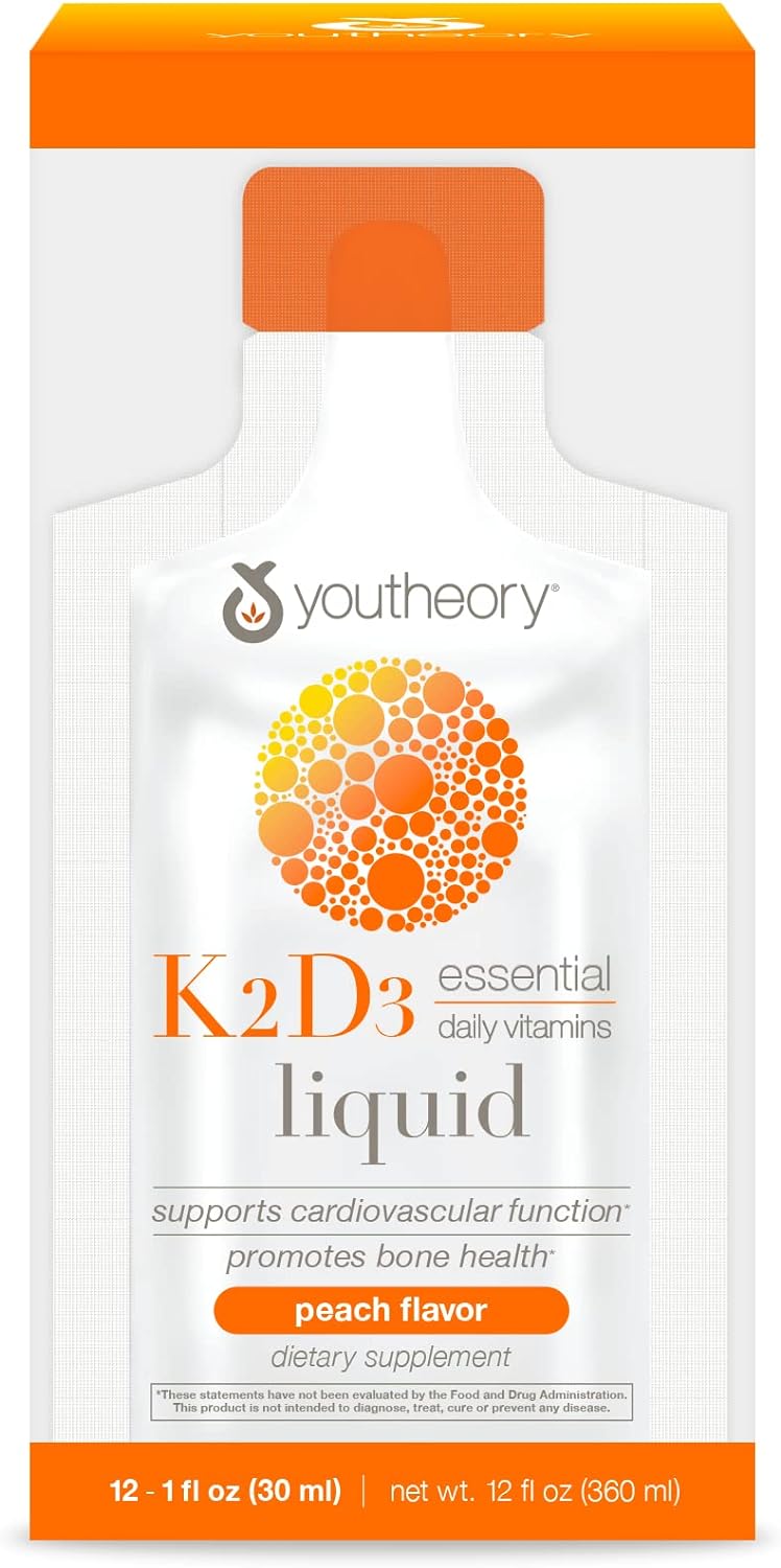 Youtheory K2 and D3 Daily Vitamin Supplement for Calcium Absorption, Bone Strength and Cardiovascular Support, Liq Peach avor, 12 ? 1 Single Serving Packets