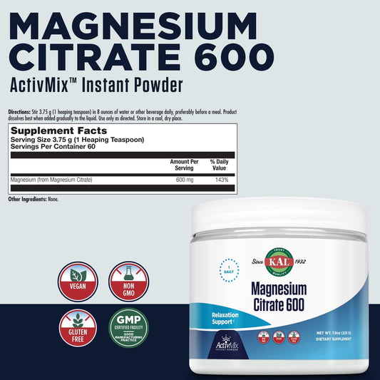 KAL Magnesium Citrate 600 mg ActivMix Instant Powder, Magnesium Supple