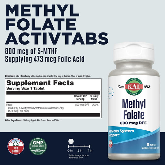 KAL Methyl Folate 800 mcg DFE, 5-MTHF Active Form Vitamin B9, Folic Ac