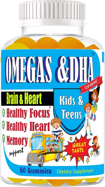 Kids Omega 3 Gummies for Kids & Teens with Omega 6 & 9 DHA Childrens Brain Supplement for Brain Booster, Heart, Focus &