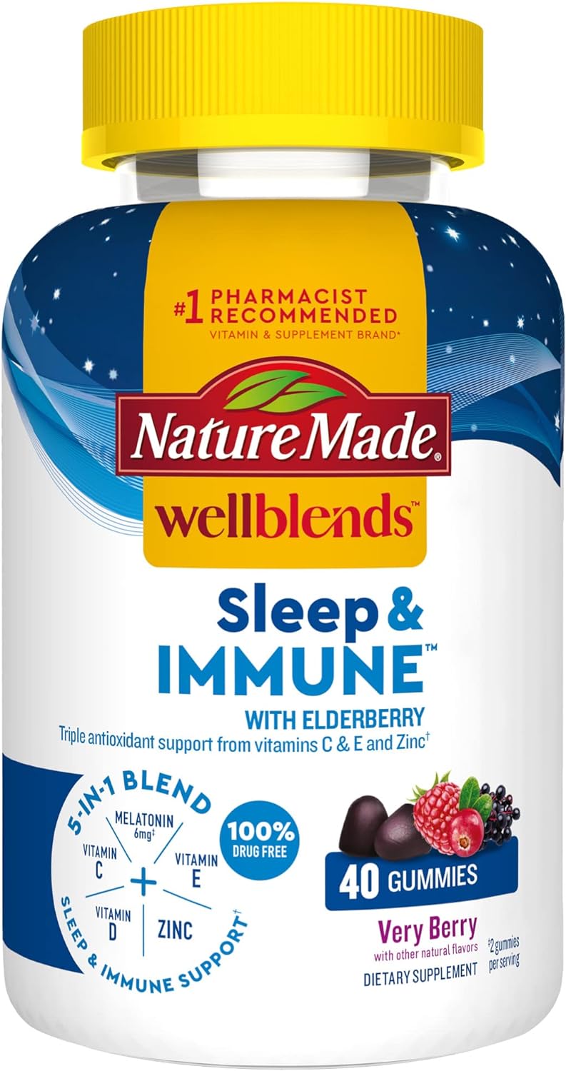 Nature Made Wellends Sleep and Immune with Elderberry, Sleep Aid and Immune Support Supplement, with Vitamin D3, Vitamin C, Vitamin E, Zinc, and Melatonin, 40 Gummies