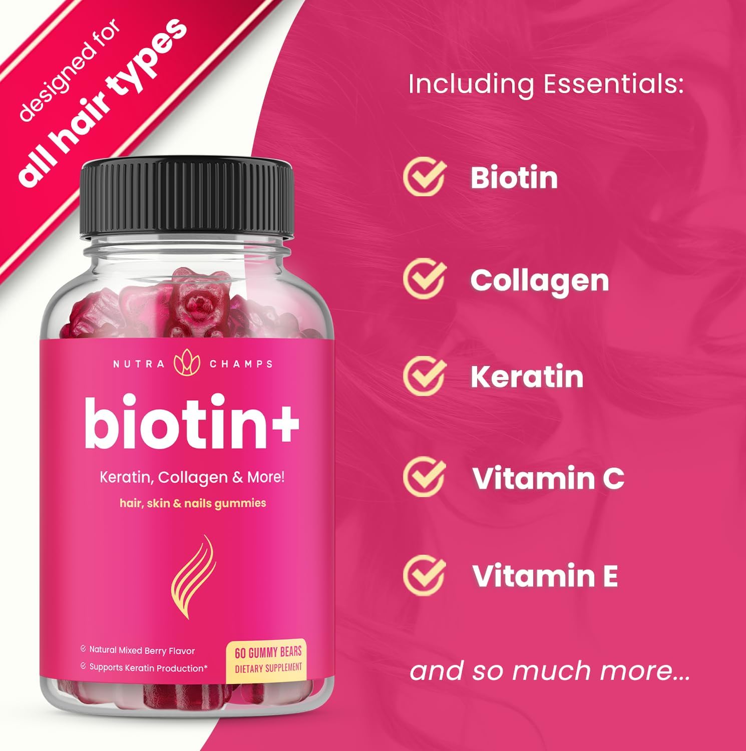 Hair Skin & Nails Gummies | Biotin with Collagen & Keratin | 5000mcg B