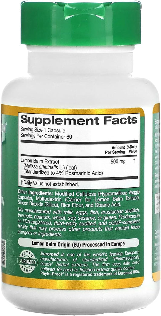 EuroHerbs, Lemon Balm Extract, 500 mg, 60 Veggie Capsules, California
