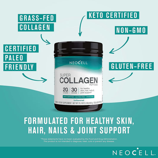 NeoCell Super Collagen Powder, 20g Collagen Peptides per Serving, Gluten Free, Keto Friendly, Non-GMO, Grass Fed, Paleo Friendly, Healthy Hair, Skin, Nails & Joints, Unavored, 1.3 s