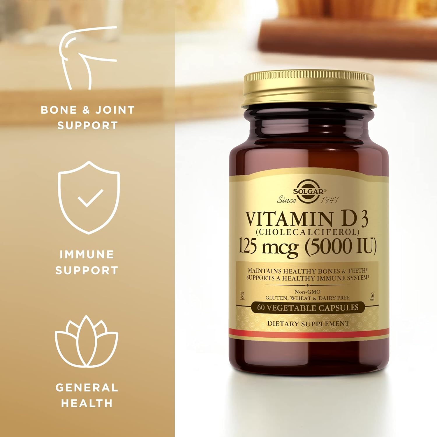 Solgar Vitamin D3 (Cholecalciferol) 125 mcg (5000 IU), 60 Vegetable Ca