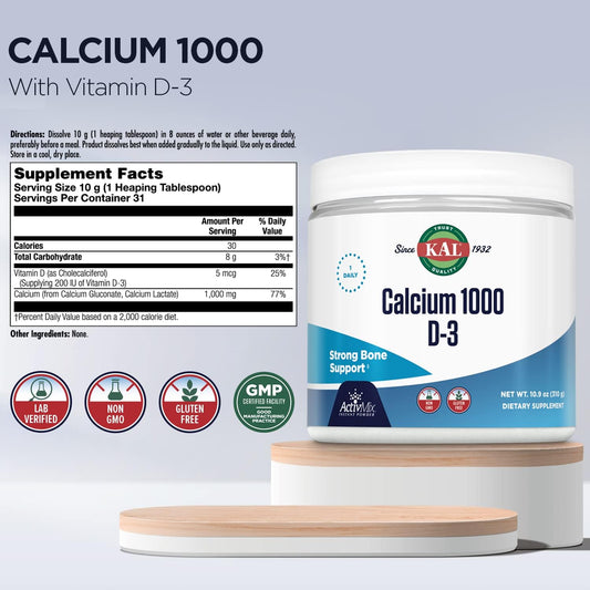 KAL Calcium Vitamin D-3 ActivMix, Powder Calcium Supplement, Bioavailable Calcium Lactate and Gluconate, Bone Health Sup