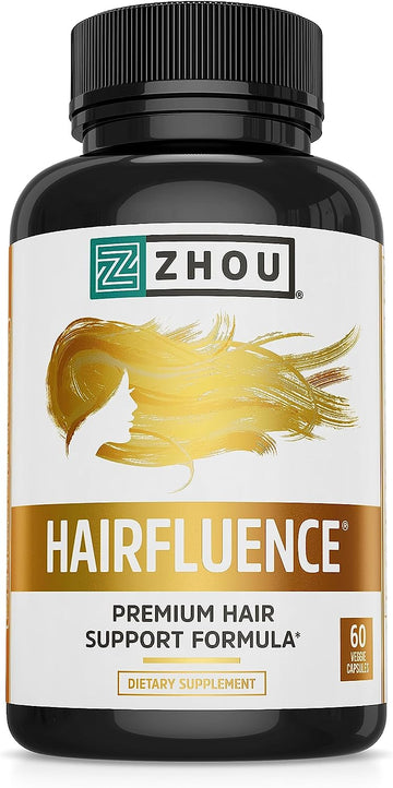 Zhou Hairfluence, Hair Growth Supplement with Biotin 5000mcg, Collagen, Keratin, Vitamin A, C, D3 & B12, Stronger Hair Skin and Nails, Non-GMO, Gluten Free, 60 Veg Caps